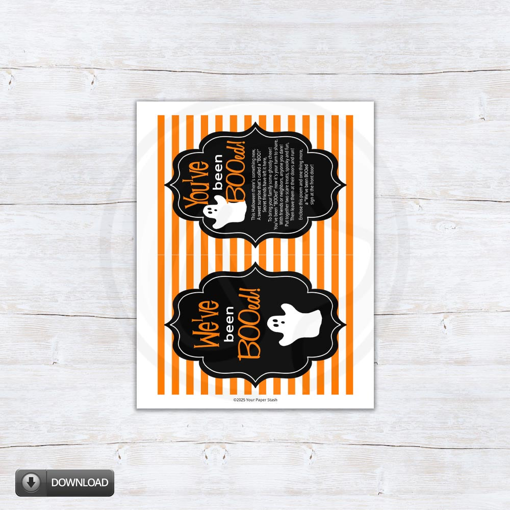 Halloween BOO Game printable signs with orange stripes and a cute ghost