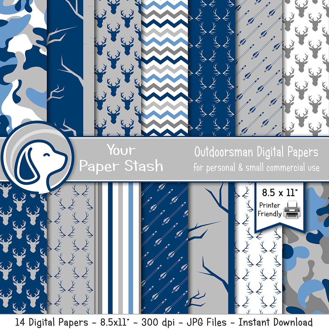 Blue, gray, and white hunting digital paper collection with deer, antlers, arrows, camouflage, striped, and chevron patterns.
