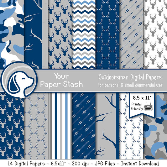 Blue, gray, and white hunting digital paper collection with deer, antlers, arrows, camouflage, striped, and chevron patterns.