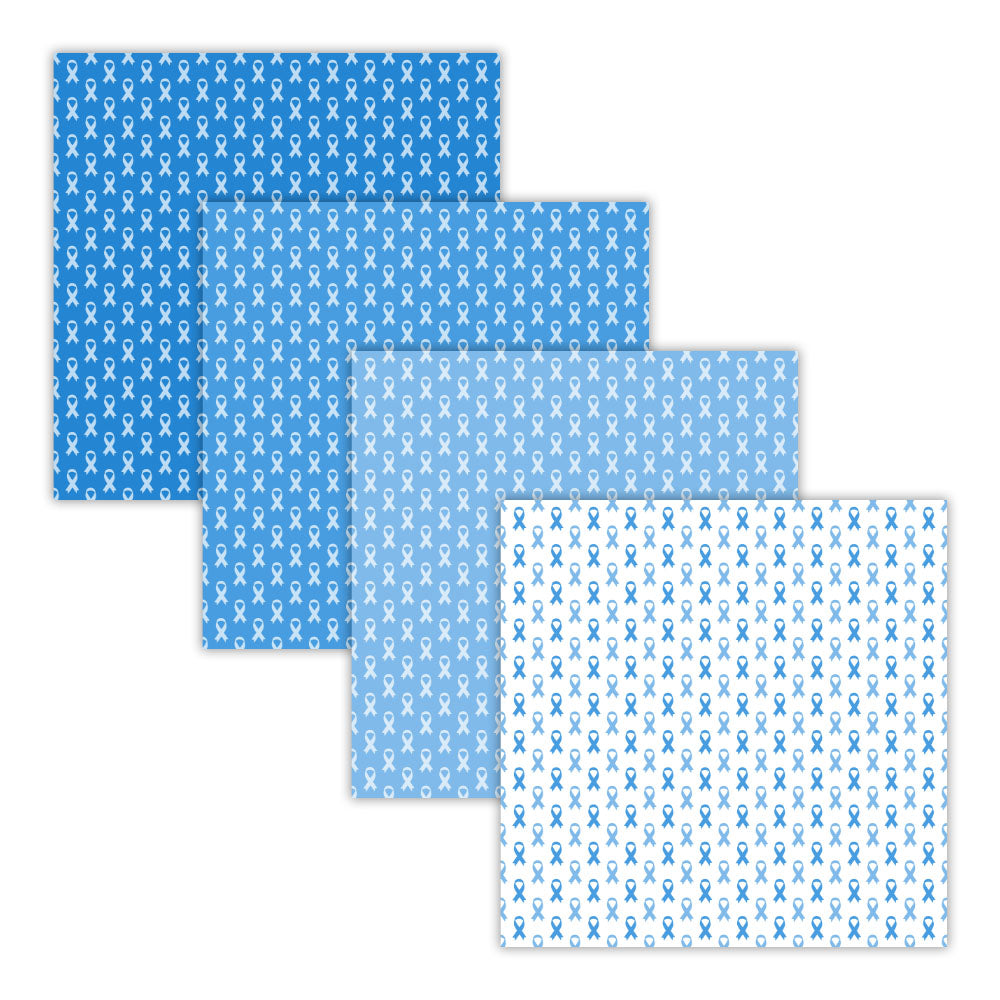 Seamless prostate cancer awareness digital paper pack with blue ribbon patterns, stripes, chevron, and inspirational typography in 12x12 format