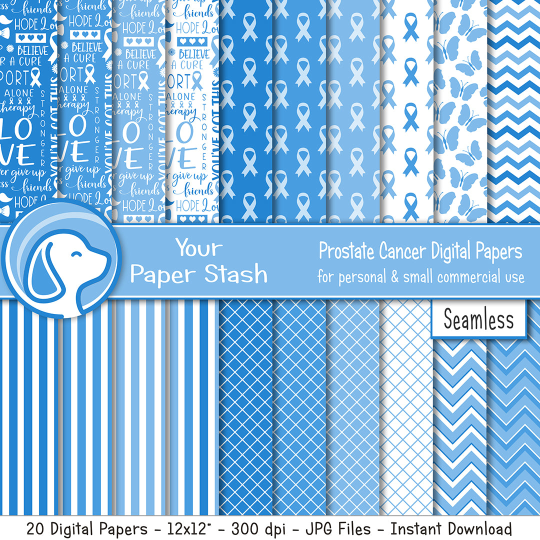 Collection of blue and white prostate cancer awareness digital papers with patterns and text.