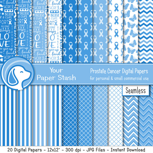 Collection of blue and white prostate cancer awareness digital papers with patterns and text.