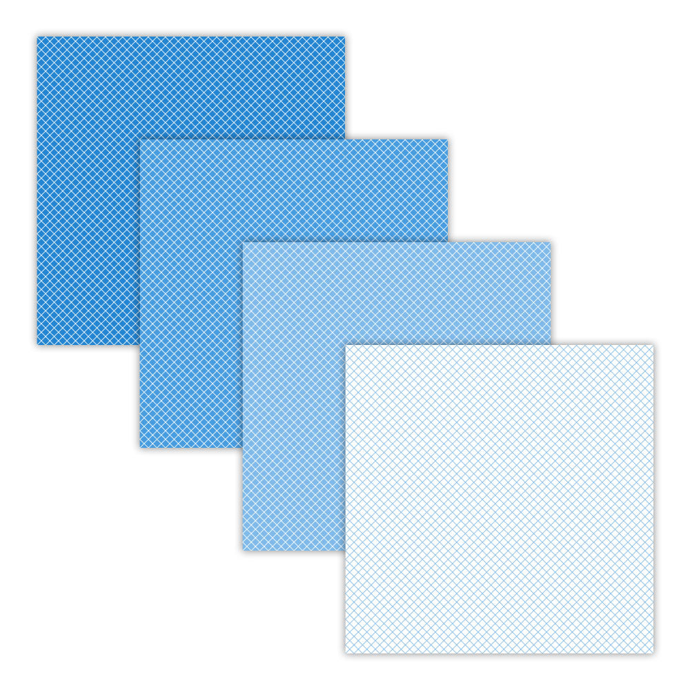 Four blue and white textured sheets on a white background
