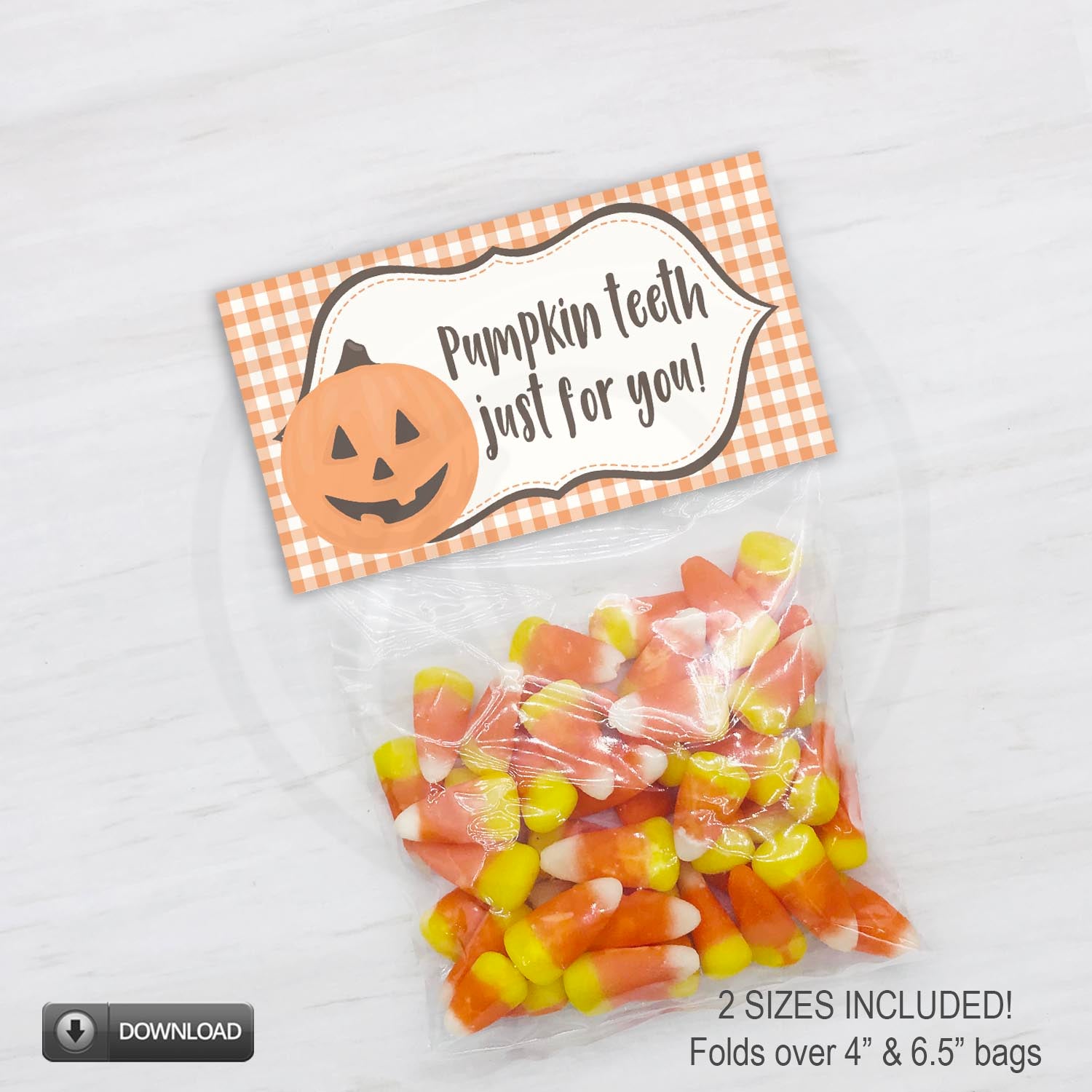 printable halloween treat bag toppers with the words "pumpkin teeth just for you" - 2 sizes - instant download