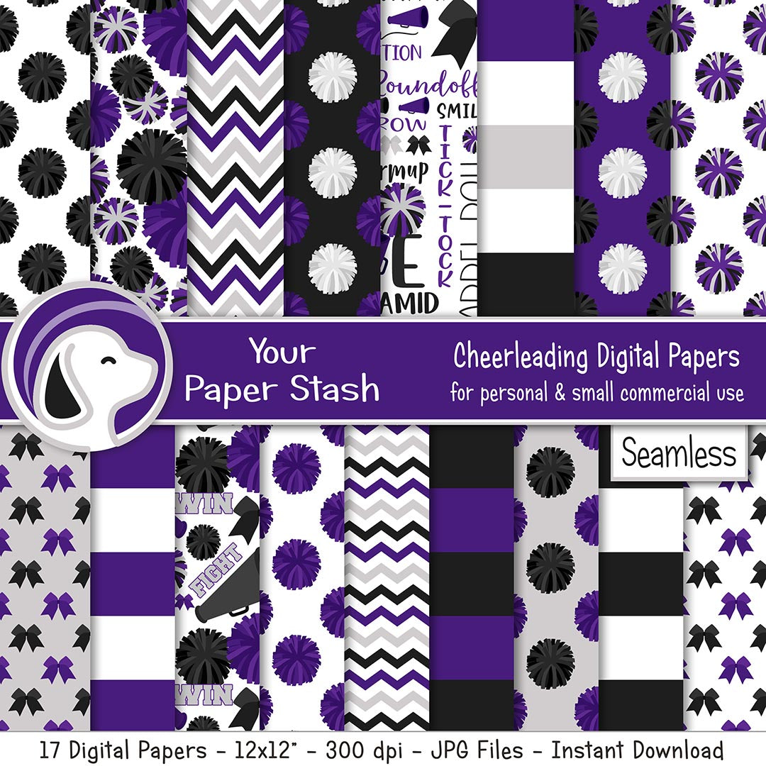 Purple and black cheerleader seamless digital scrapbook papers with pom-pom megaphone bow stripe and chevron designs 12x12
