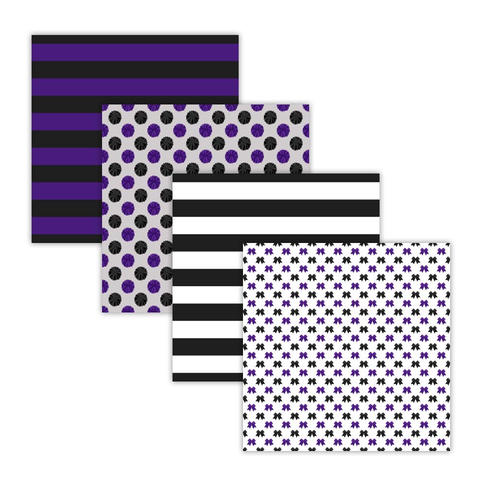 Purple and black cheerleader seamless digital scrapbook papers with pom-pom megaphone bow stripe and chevron designs 12x12