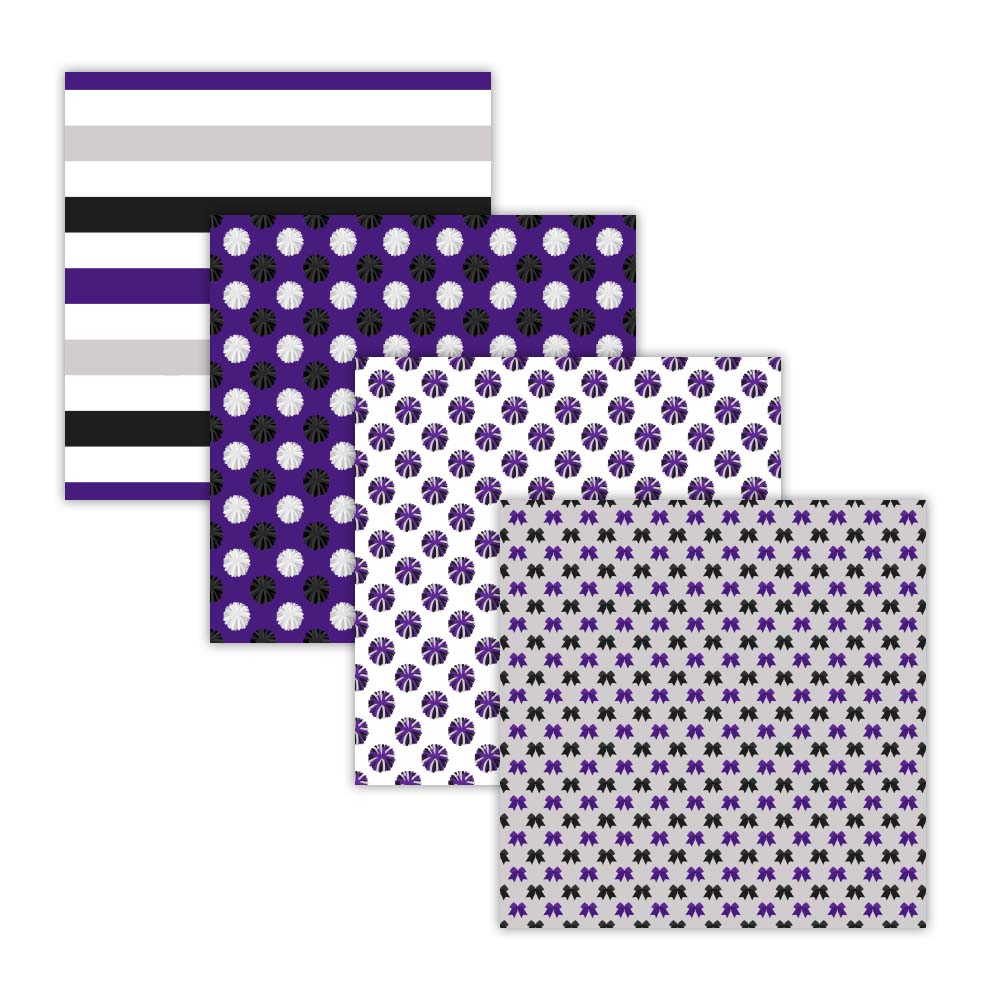 Purple and black cheerleader seamless digital scrapbook papers with pom-pom megaphone bow stripe and chevron designs 12x12