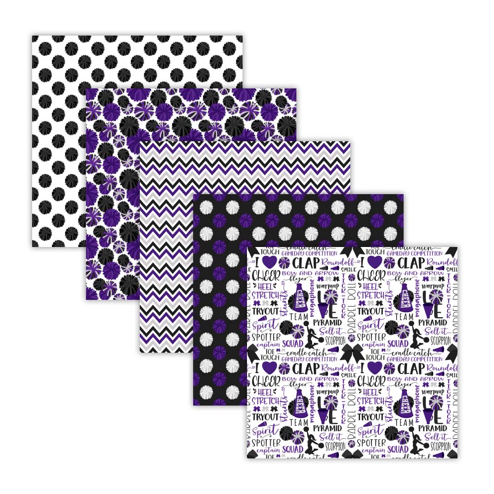 Purple and black cheerleader seamless digital scrapbook papers with pom-pom megaphone bow stripe and chevron designs 12x12
