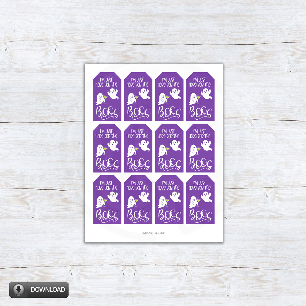 adult halloween gift tags with ghosts and phrase "here for the boos"