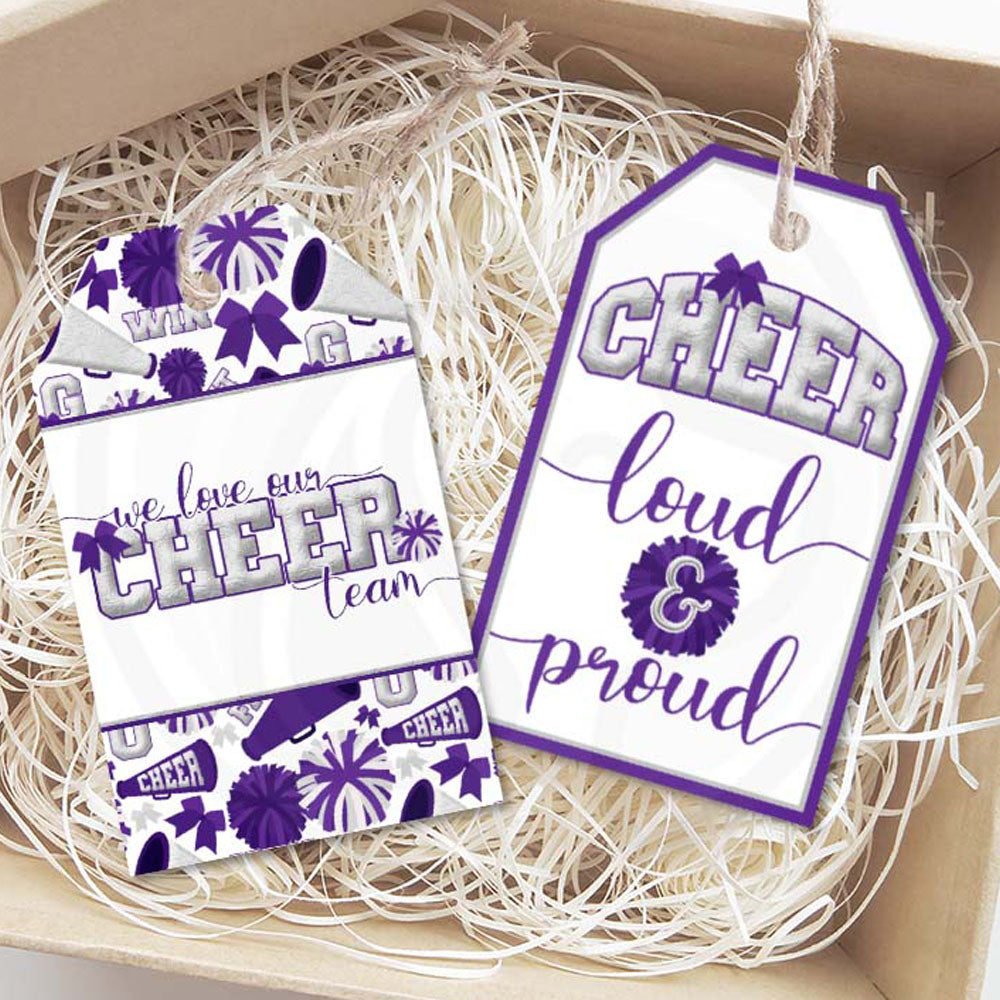 printable purple and silver cheer loud and proud gift or snack tags