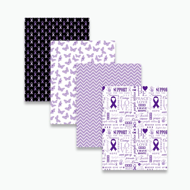 Purple cancer awareness digital paper pack with ribbon patterns and support themed backgrounds