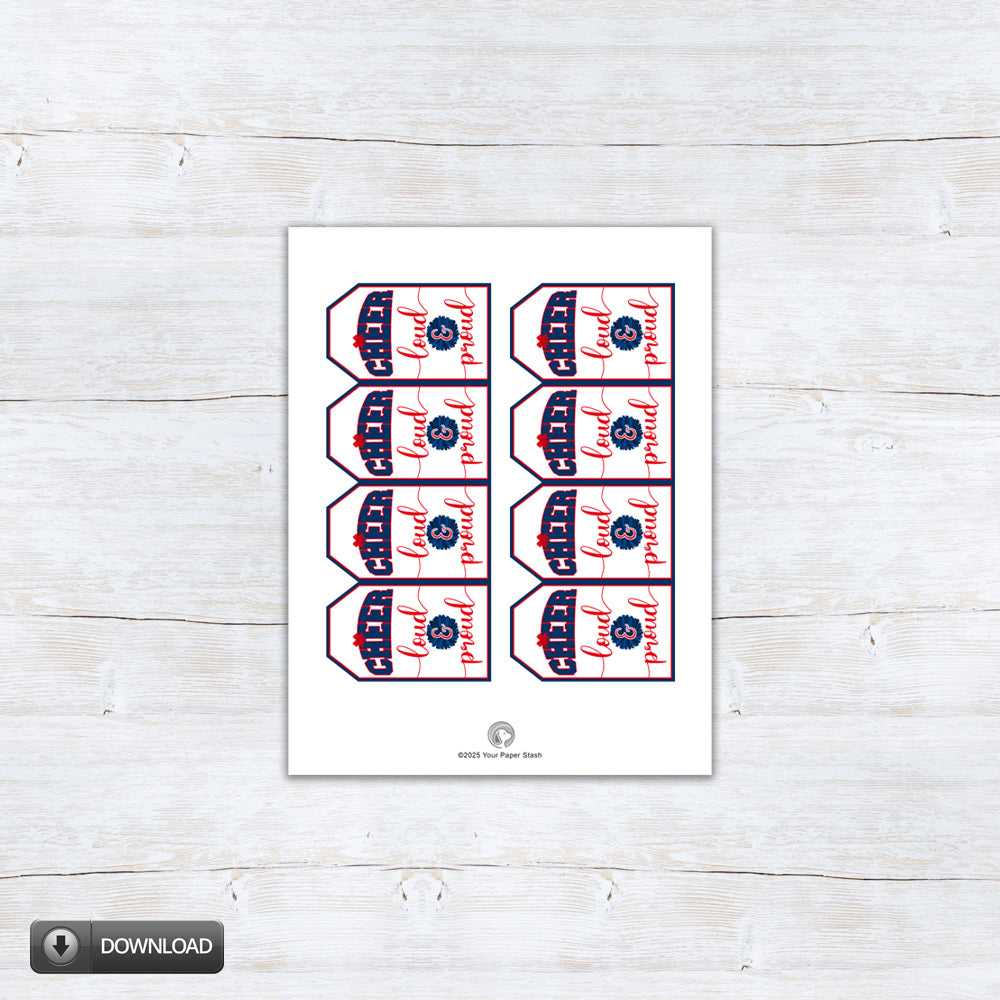 cheer loud and proud printable gift tags in red and navy blue