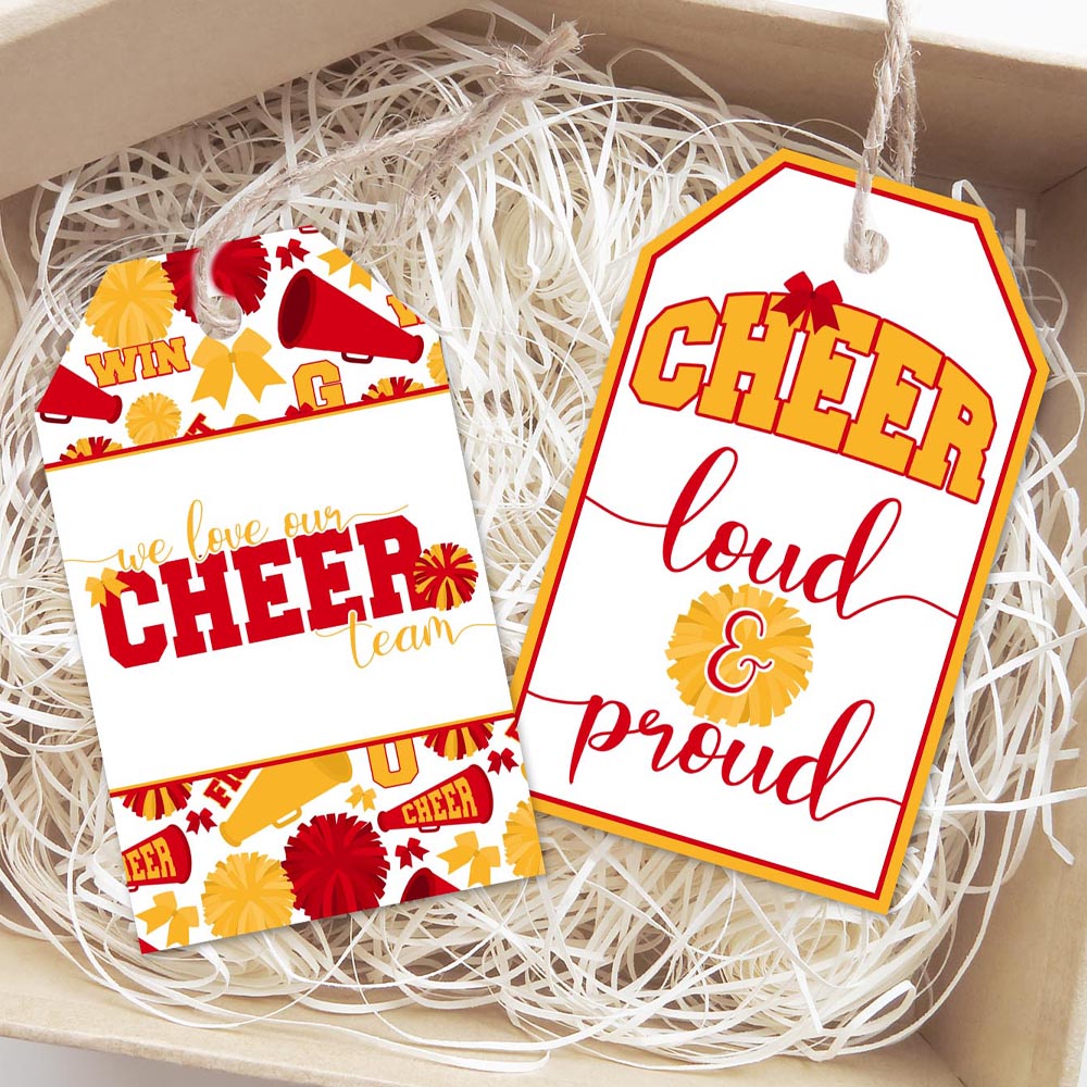 red and yellow cheerleader printable gift tags