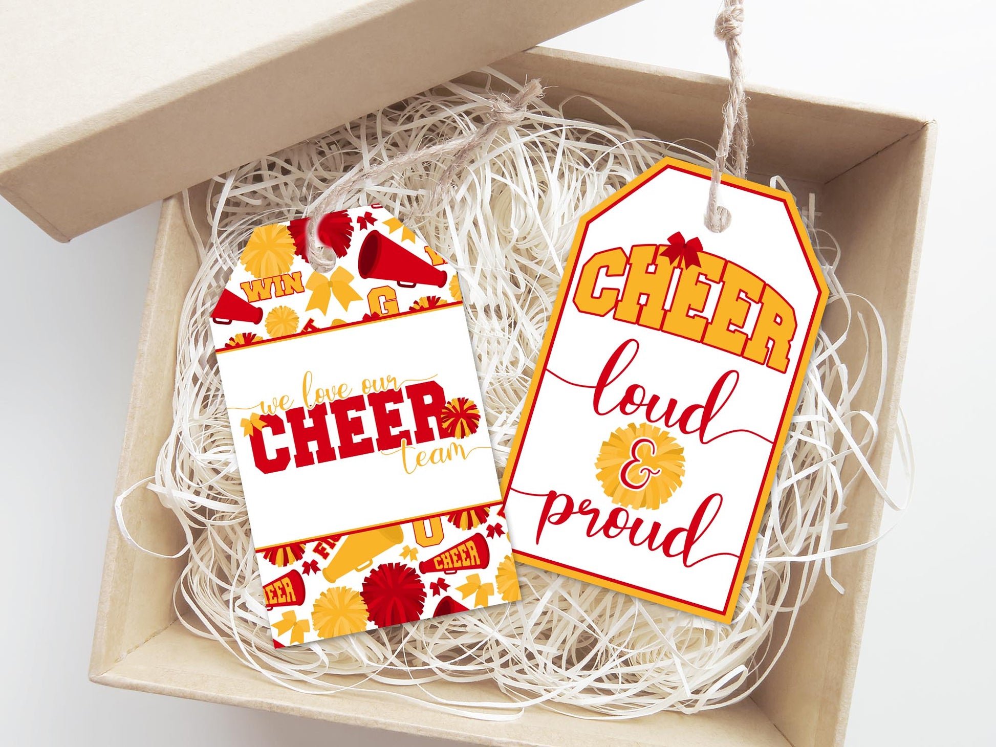 red and yellow harvest gold cheer team mom coach gift and snack bag tags