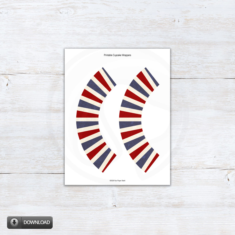 Printable patriotic cupcake wrappers and toppers with red white and blue 4th of July designs, America 250 topper, God Bless America topper, and Land of the Free topper.