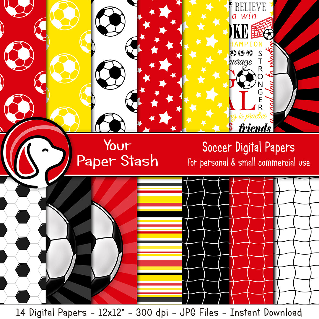 Soccer themed digital paper backgrounds with soccer balls stars stripes and sports patterns