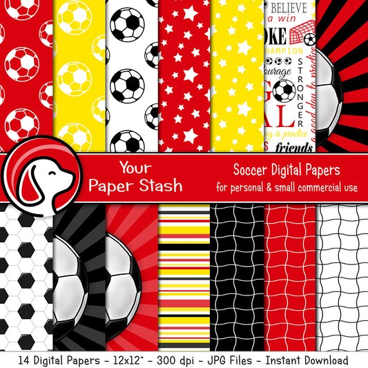 Soccer themed digital paper backgrounds with soccer balls stars stripes and sports patterns
