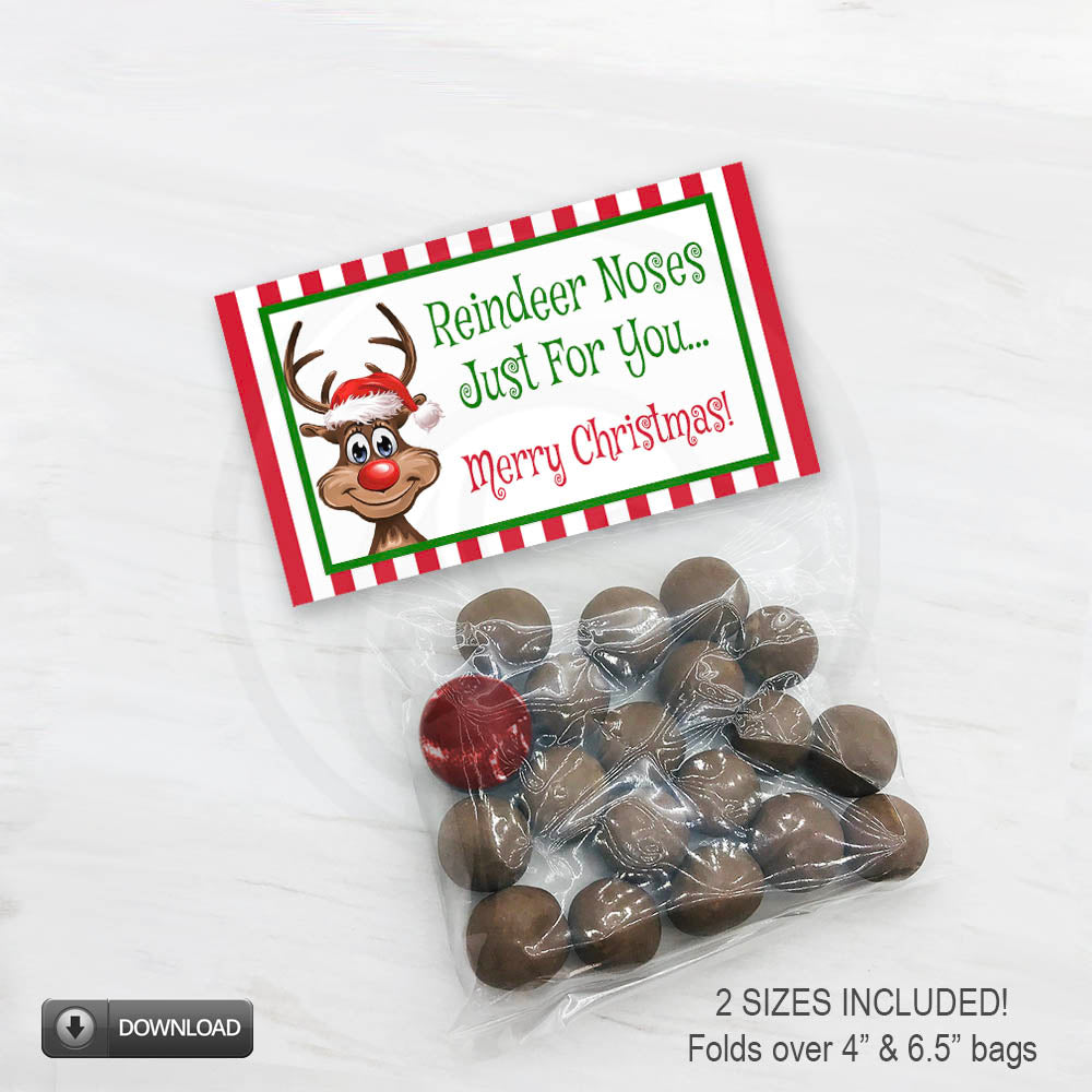 Reindeer noses just for you Merry Christmas treat bag toppers - printable download