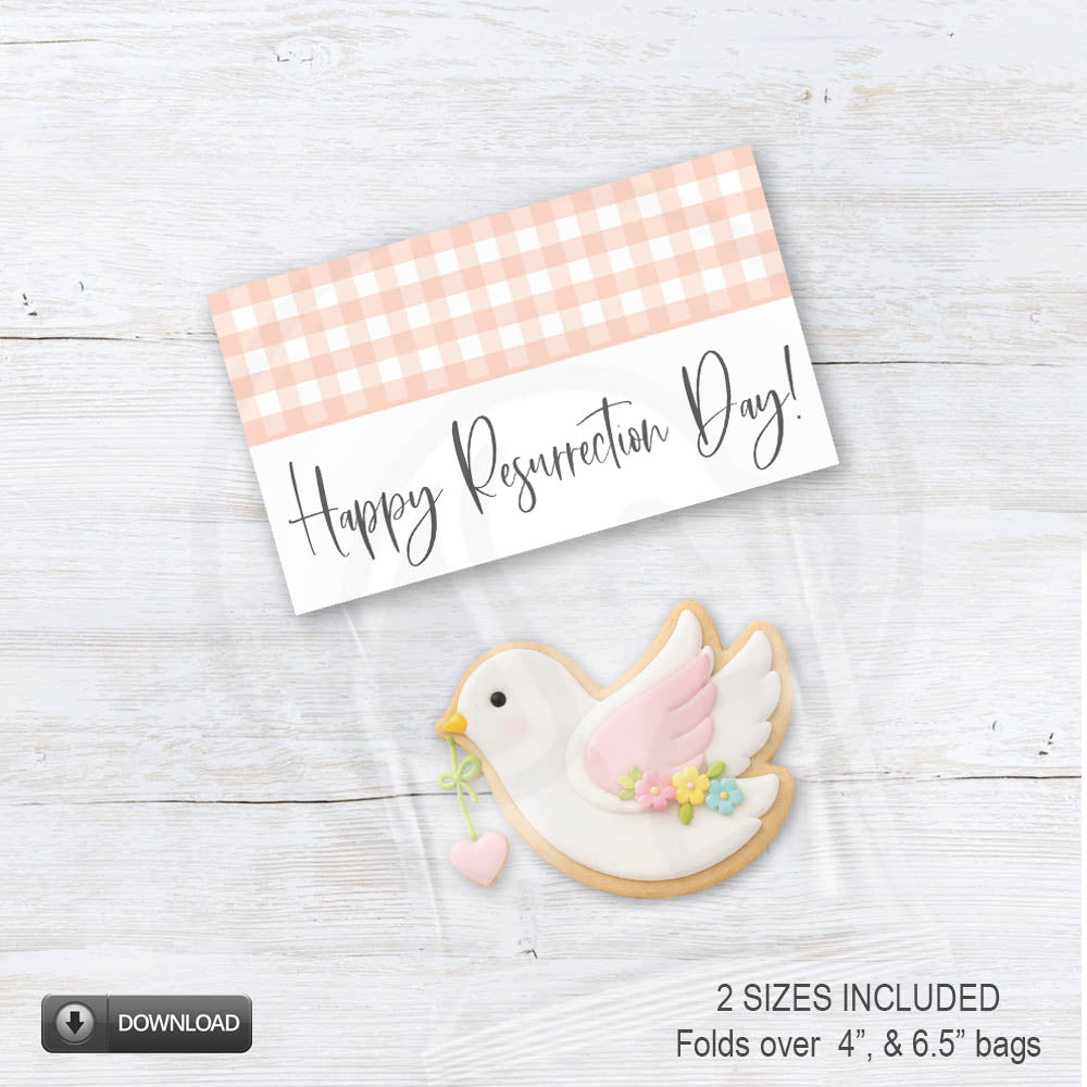 Printable Resurrection Day treat bag topper with dove design and Happy Resurrection Day message for Easter favors