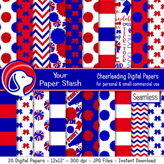Red blue cheerleading digital paper backgrounds with pom poms, bows, megaphones, stripe, and chevron patterns