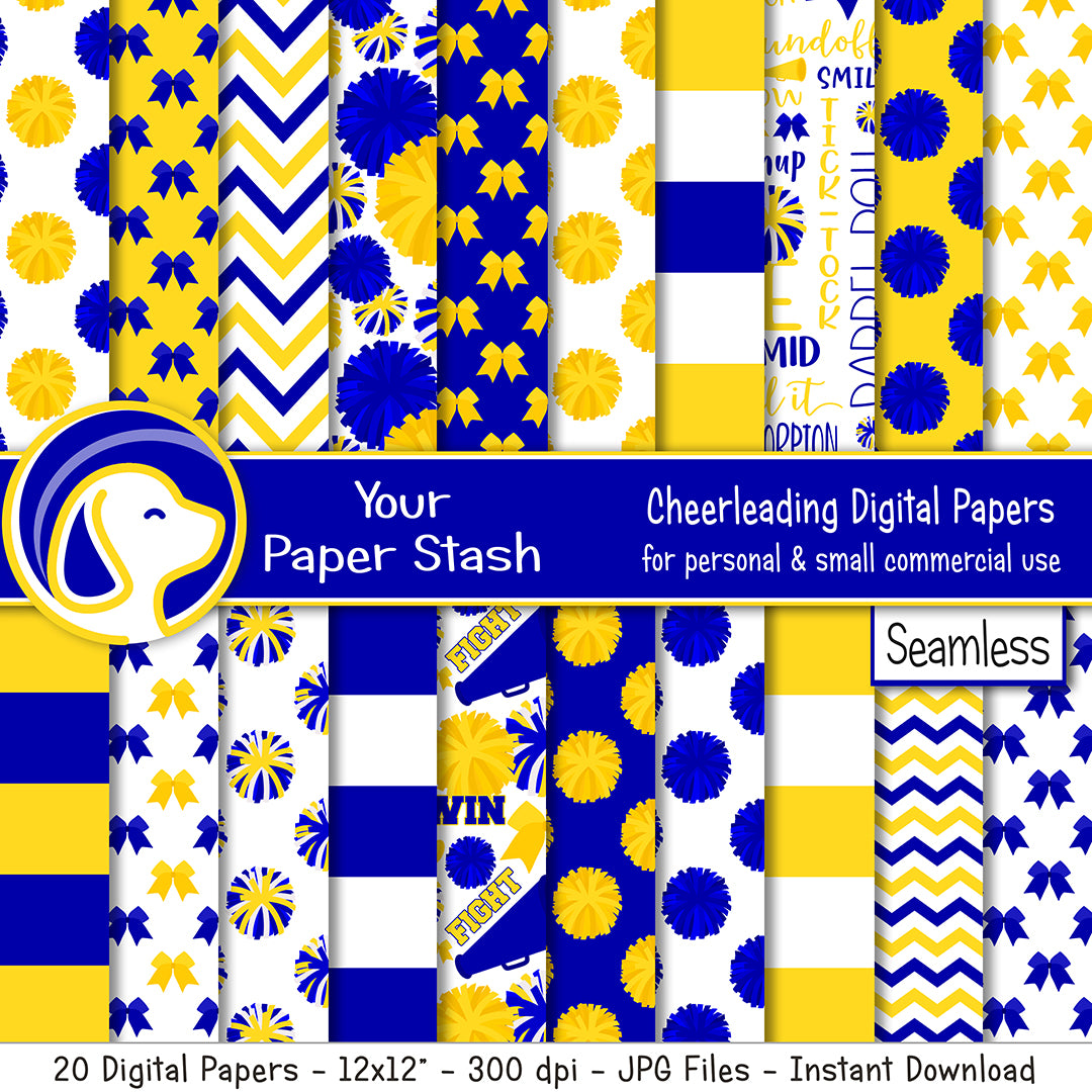 royal blue and yellow cheerleader digital scrapbook papers. Pom-pom megaphone stripe and chevron patterns