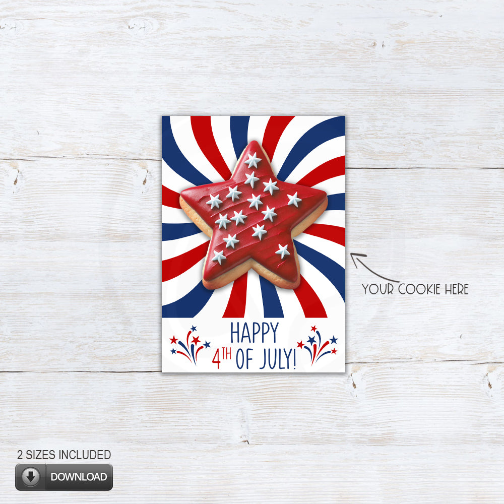 Printable 4th of July cookie cards with red white blue burst pattern and Happy 4th of July text, patriotic note cards for treat bags, party favors, and Independence Day gifts, includes 3.5x5 and 5x7 sizes