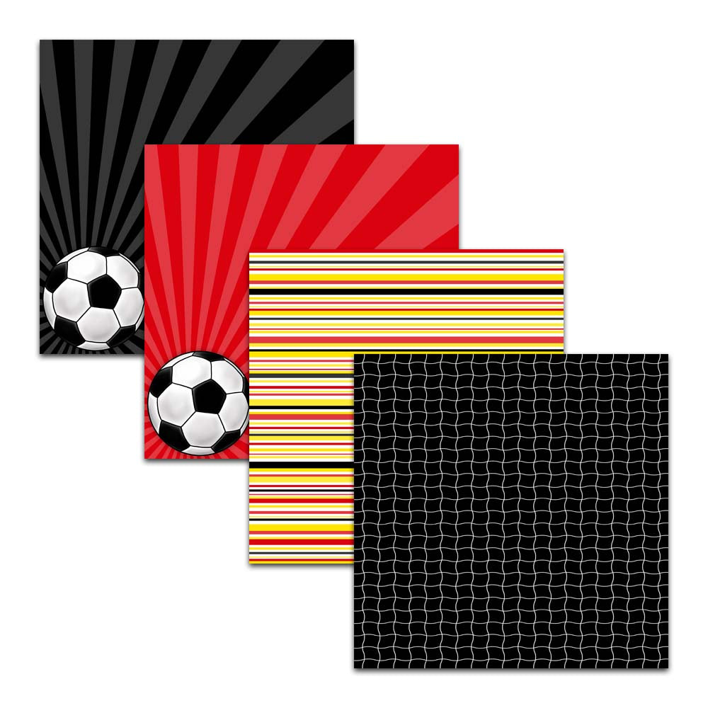 Soccer digital paper pack with red yellow black soccer ball patterns stars stripes and soccer net backgrounds