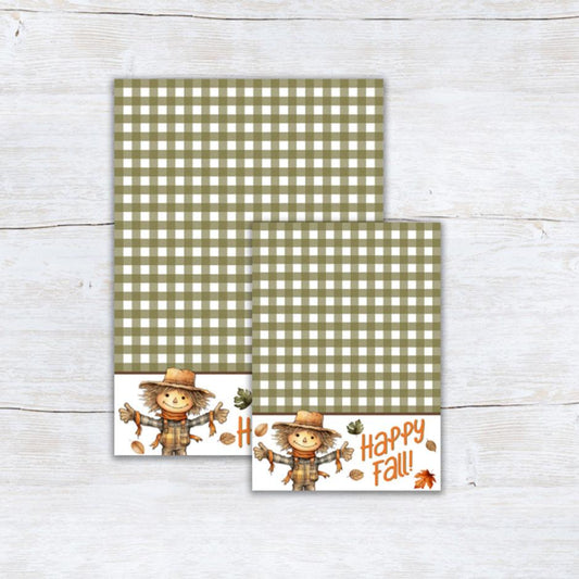 printable fall cookie and note cards with green gingham and scarecrow clip art