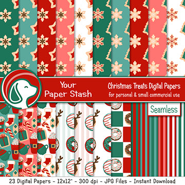 Seamless Christmas digital scrapbook papers and background patterns with cookies and donuts