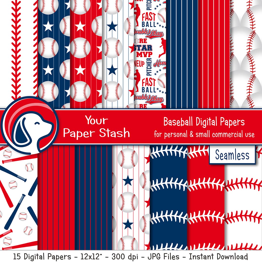 seamless baseball digital scrapbook papers, red navy blue baseball digital sublimation pattern backgrounds