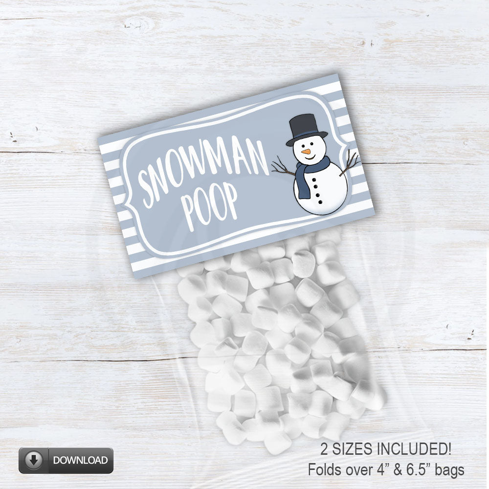 printable snowman poop candy bag toppers for Christmas and winter parties - snowman stocking stuffer printable