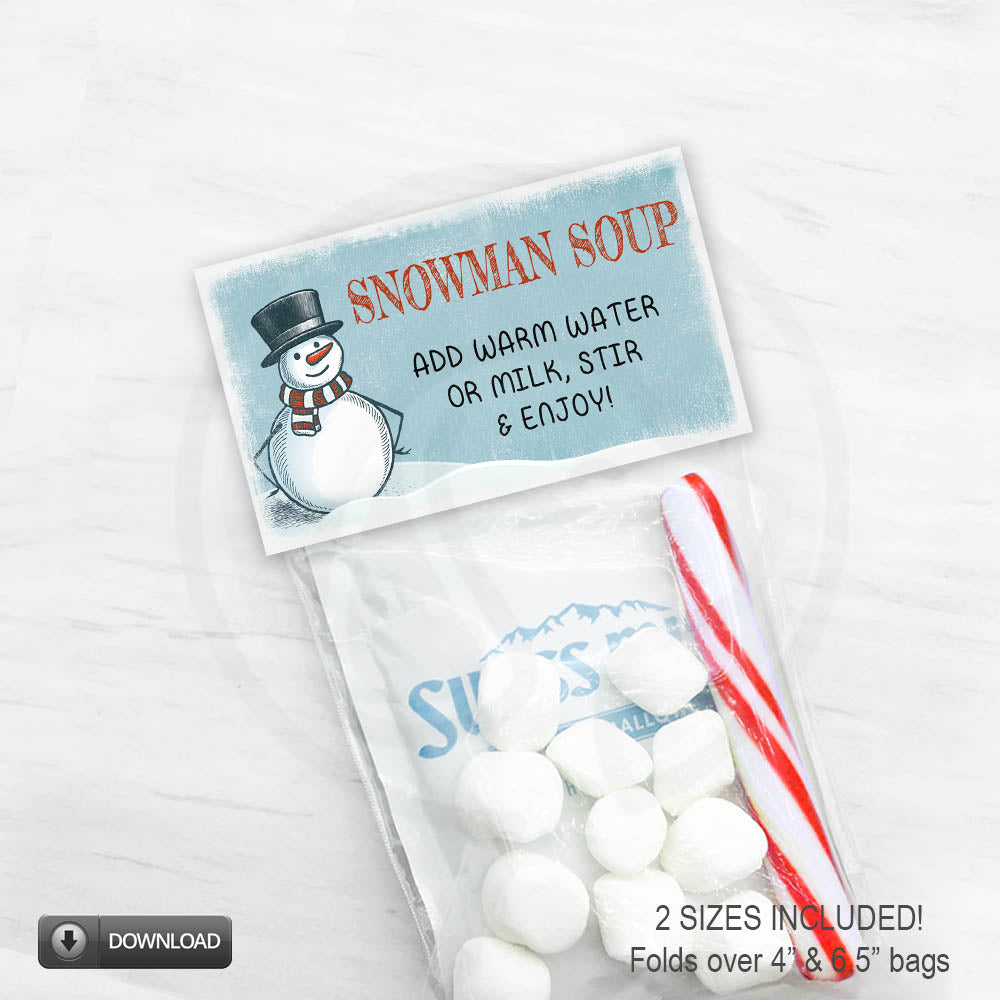 printable snowman soup hot chocolate treat bag toppers - instant download