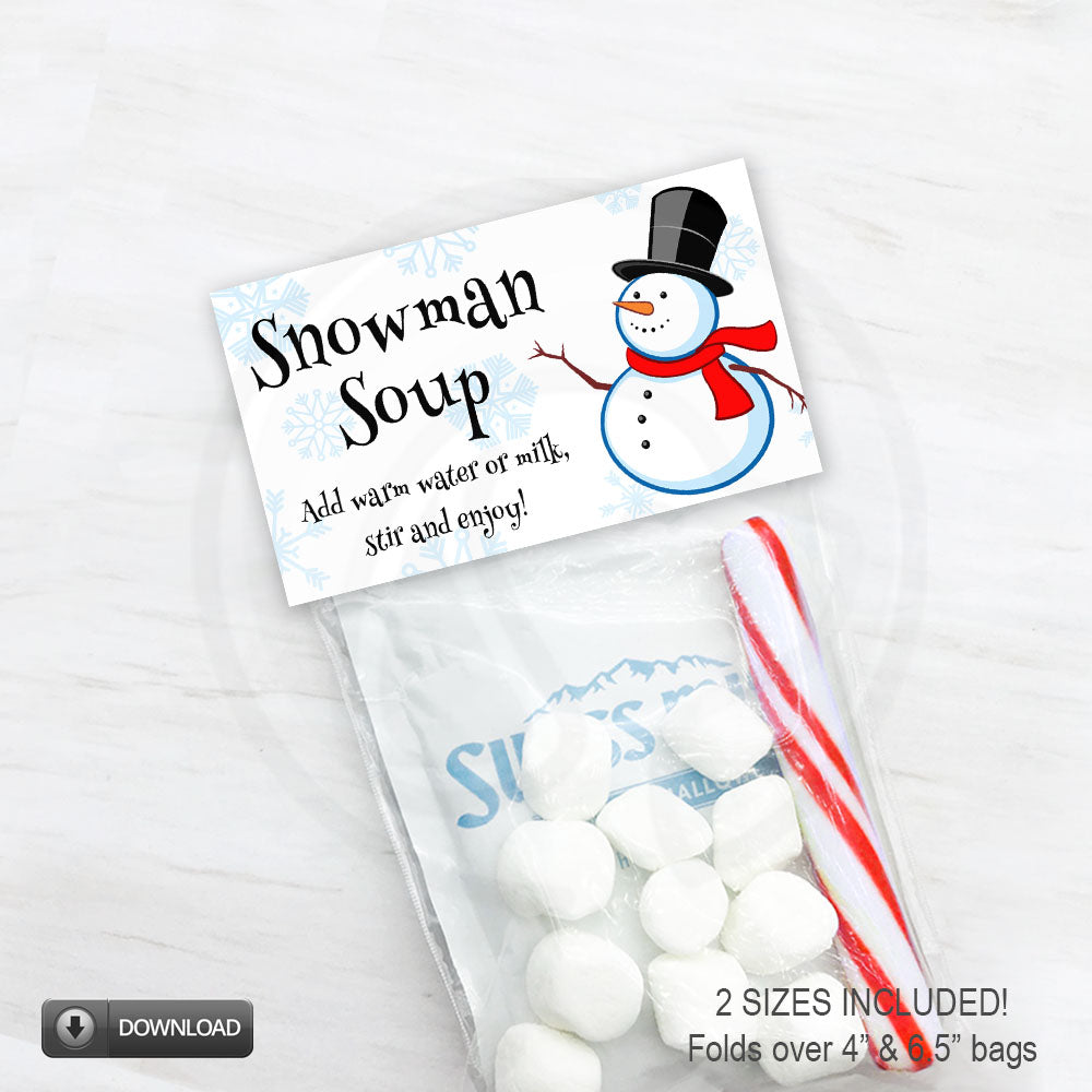 snowman soup printable hot chocolate bag toppers - instant download - 2 sizes included