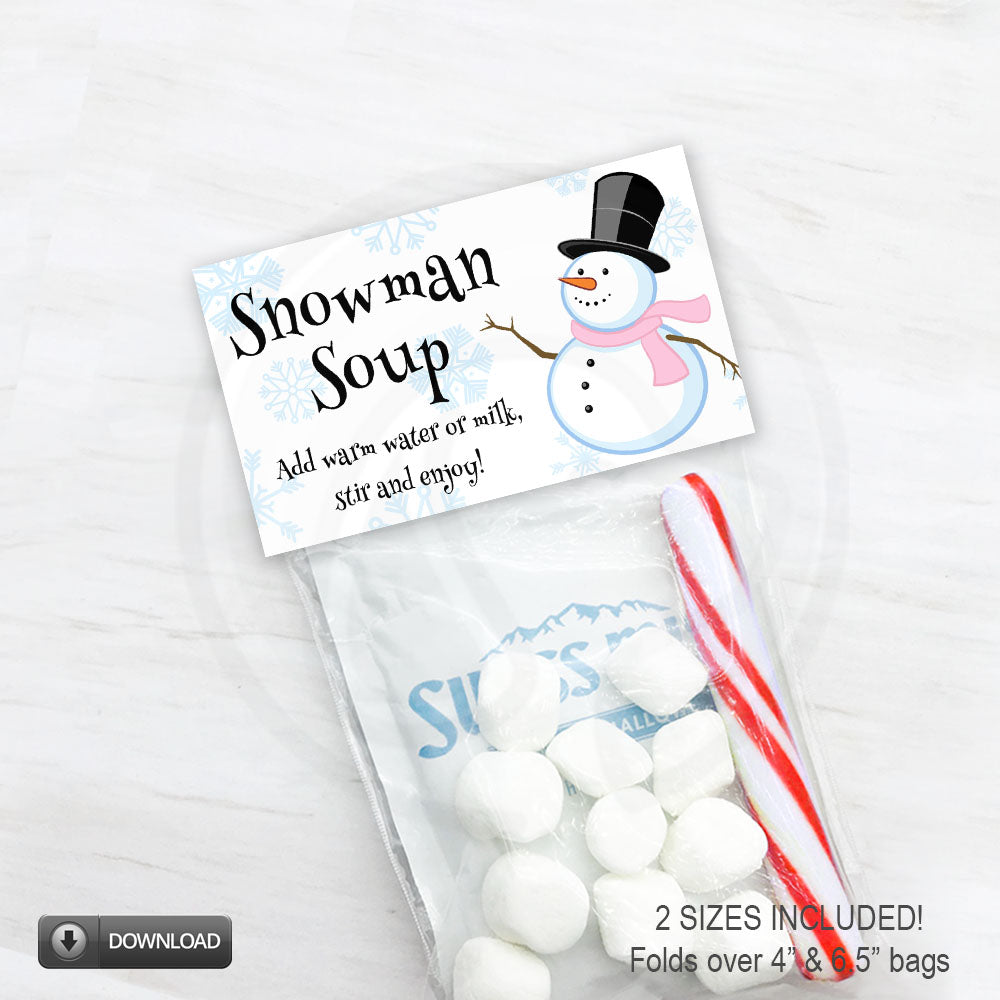 snowman soup hot chocolate printable bag topper in two sizes - instant download