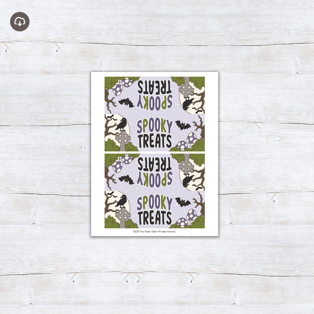 Spooky Treats printable Halloween bag topper with a raven, bats, moon, gravestone, mushrooms, and purple and green accents.