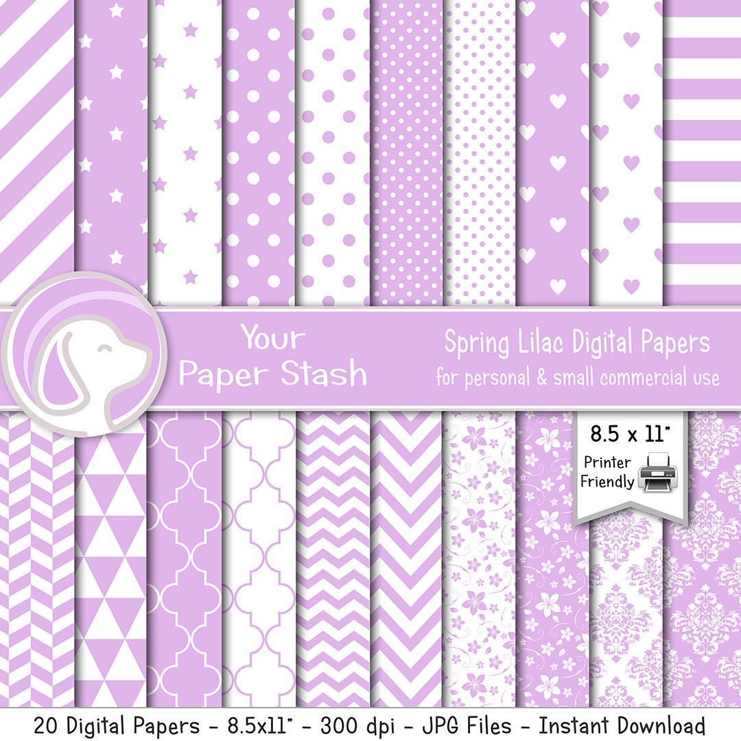 Lilac and lavender digital paper collection with floral, heart, star, stripe, polka dot, chevron, and geometric patterns.