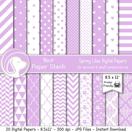 Lilac and lavender digital paper collection with floral, heart, star, stripe, polka dot, chevron, and geometric patterns.