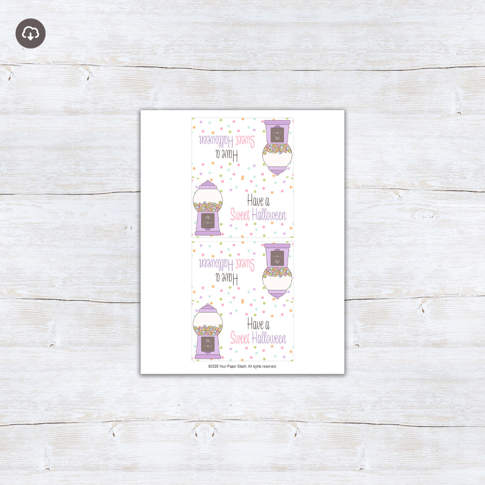 Have a Sweet Halloween printable treat bag topper with a pastel candy machine, colorful sweets, and scattered polka dots.