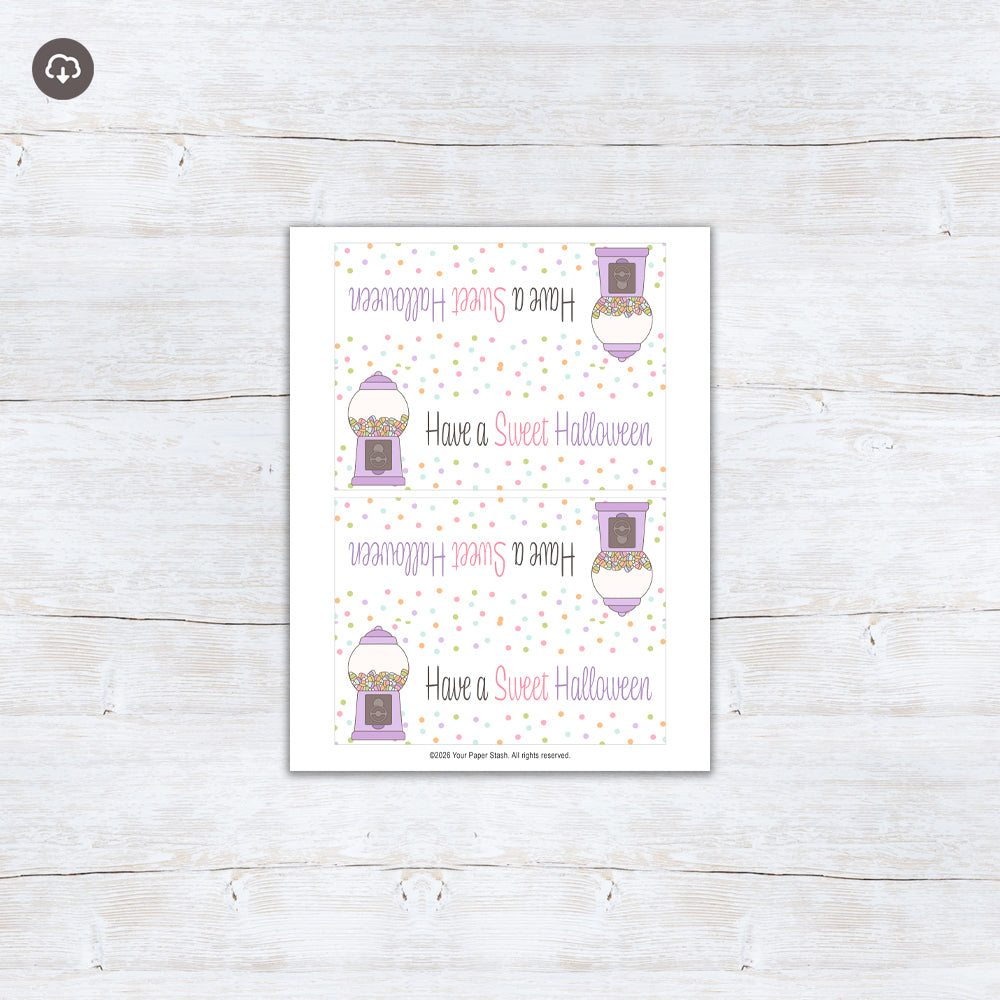 Have a Sweet Halloween printable treat bag topper with a pastel candy machine, colorful sweets, and scattered polka dots.