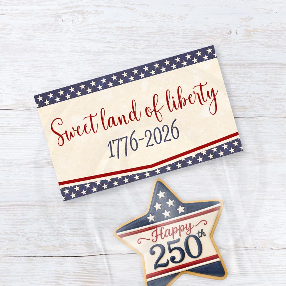 Printable America 250 patriotic bag topper with Sweet Land of Liberty 1776-2026 wording for red white and blue cookie, treat, and favor bags.