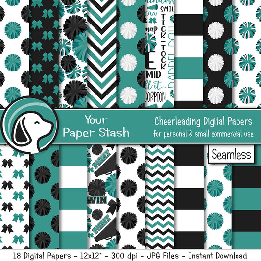 Teal and black cheerleading pom pom seamless pattern digital paper
