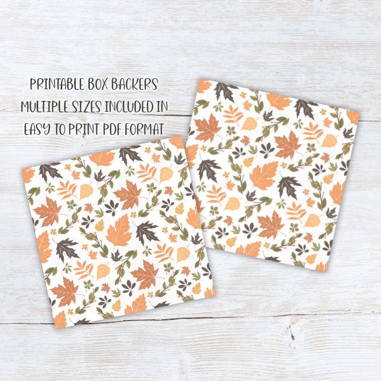 printable fall cookie box backers featuring falling leaves in muted autumn tones, instant download item