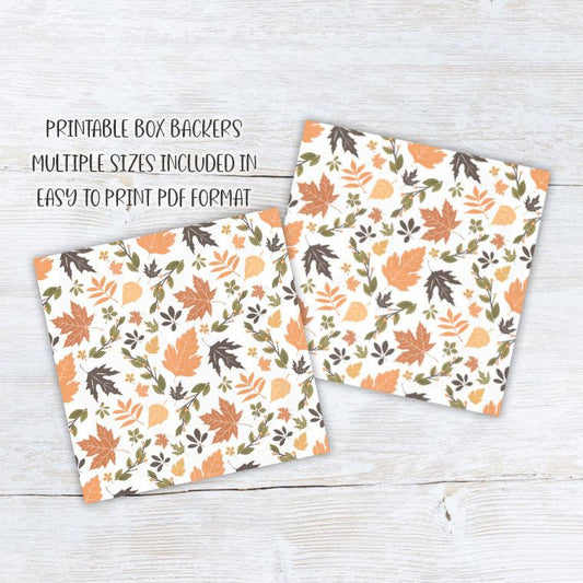 printable fall cookie box backers featuring falling leaves in muted autumn tones, instant download item