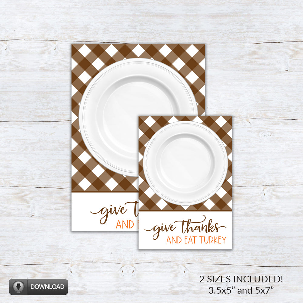 give thanks and eat turkey printable cookie card backer with gingham table cloth and dinner plate illustration
