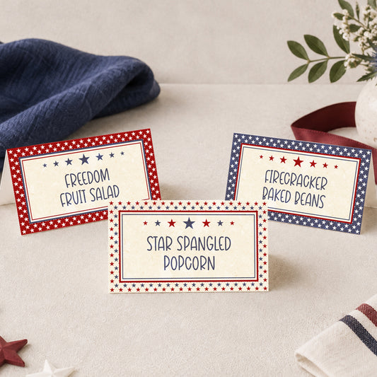 Printable patriotic food label tent cards with red, white, and blue star borders for 4th of July parties, BBQ buffets, potlucks, America 250 events, and patriotic table decor.