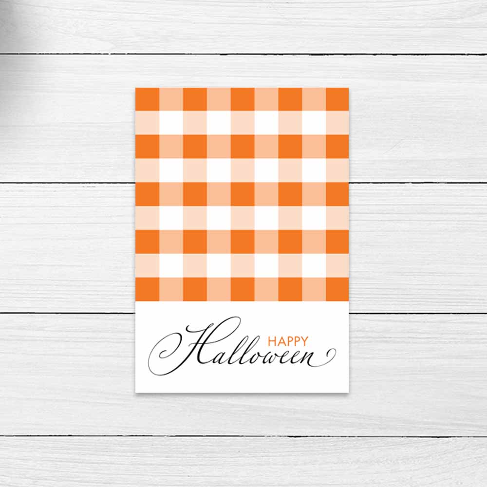 Printable 3.5x5 Happy Halloween mini cookie card with an orange gingham background and elegant script lettering.