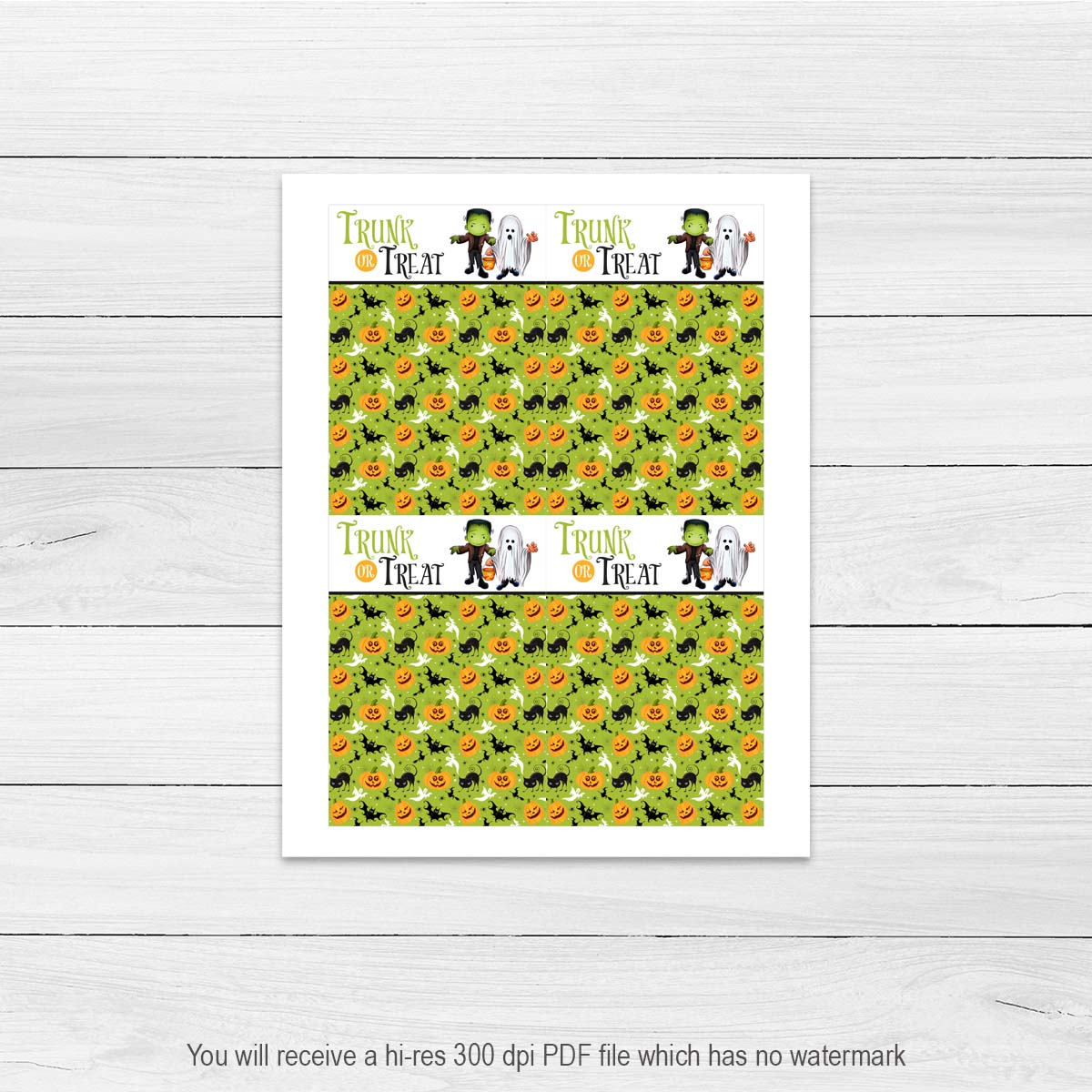 Printable 3.5x5 Trunk or Treat mini cookie card with a friendly monster, ghost, and lime green Halloween pattern featuring pumpkins, black cats, bats, and ghosts.