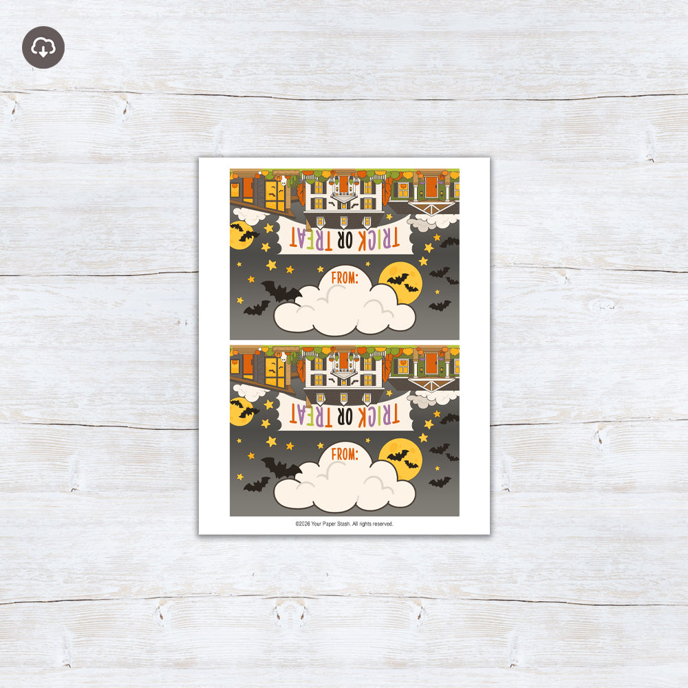 Printable Trick or Treat Halloween treat bag toppers featuring decorated neighborhood houses, bats, pumpkins and moons with an optional From area.