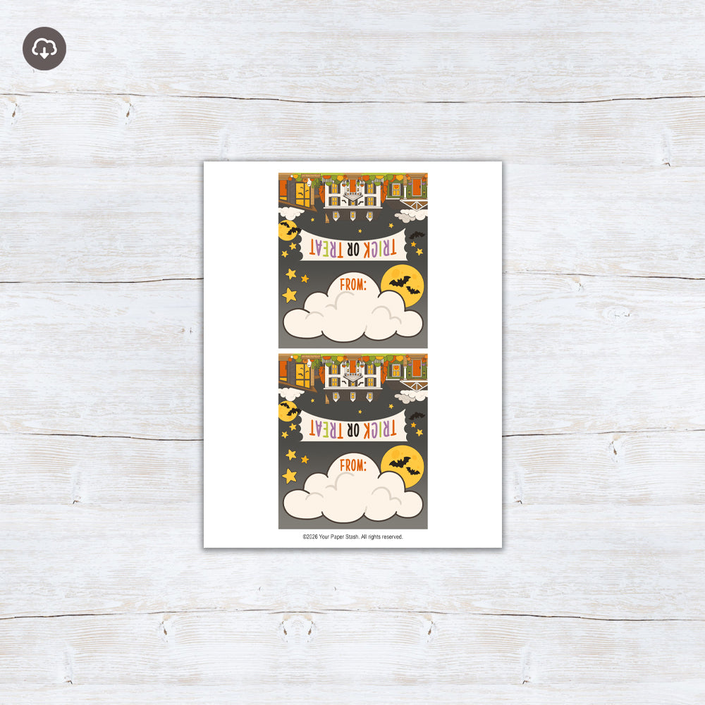 Printable Trick or Treat Halloween treat bag toppers featuring decorated neighborhood houses, bats, pumpkins and moons with an optional From area.