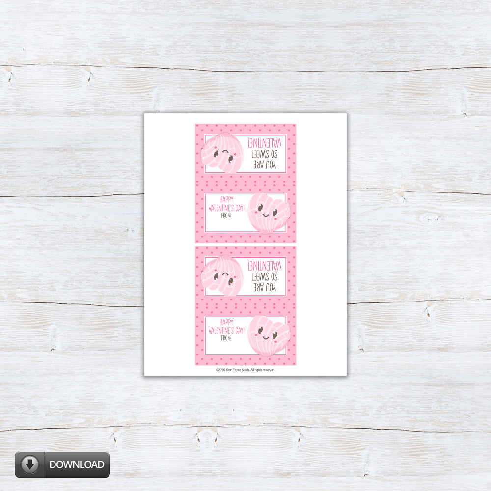 Printable Valentine treat bag topper with a smiling pink concha illustration and polka dot border.